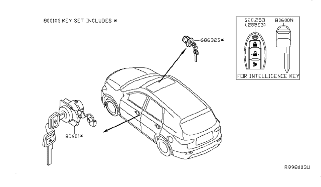 2015 Nissan Pathfinder Key Set-Cylinder Lock Diagram for 99810-3KA1A