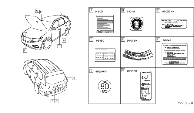 2019 Nissan Pathfinder PLACARD Tire Lt Diagram for 99090-1A53D