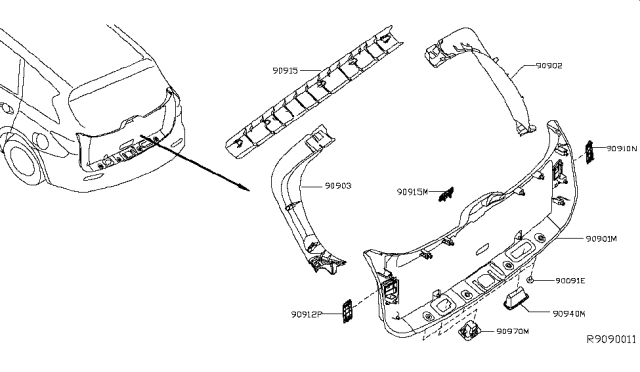 2015 Nissan Pathfinder Finisher-Back Door,Lower Diagram for 90901-3KA0A