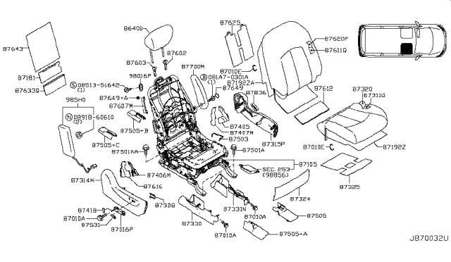 2012 Nissan Quest Trim Assembly - Front Seat Back Diagram for 87621-1JA3C