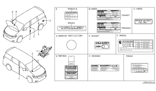2012 Nissan Quest Label-Parts Content Diagram for 990A2-1AA0A