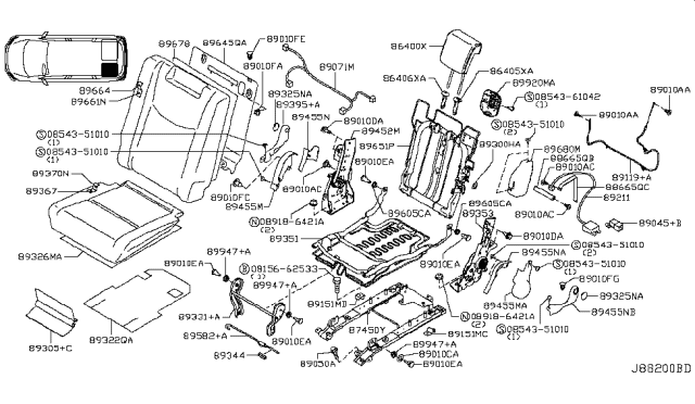 2014 Nissan Quest Wire-Release,3RD Seat Slide Diagram for 89582-1JA0D