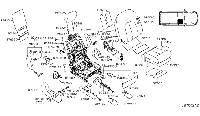 2013 Nissan Quest Trim Assembly - Front Seat Back Diagram for 87621-1JL3C