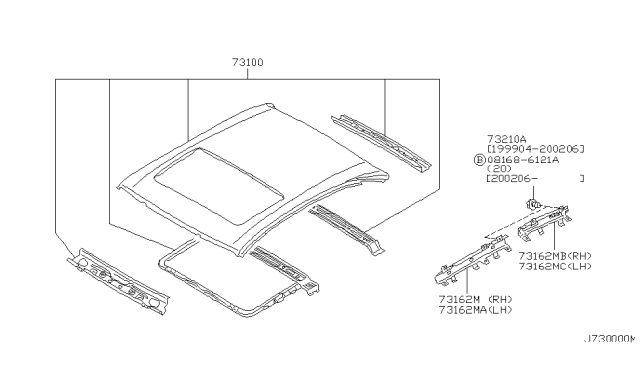 2000 Nissan Maxima Roof Assy Diagram for 73100-2Y030