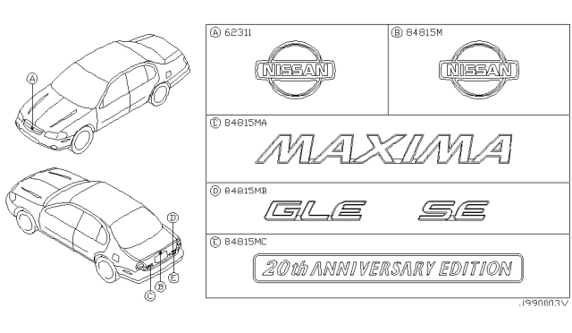 2002 Nissan Maxima Grille Emblem Badge Factory Diagram for 62892-5Y700