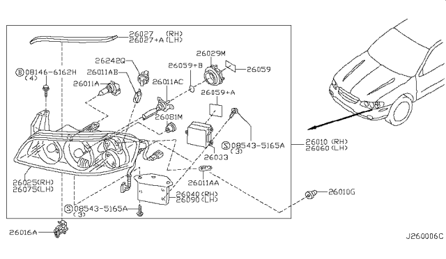2003 Nissan Maxima Headlamp Housing Assembly, Passenger Side Diagram for 26025-5Y700