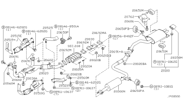 2001 Nissan Maxima Exhaust, Sub Muffler Assembly Diagram for 20300-3Y700