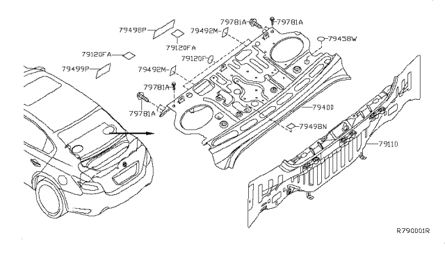 2010 Nissan Maxima Insulator-Parcel Shelf Side,LH Diagram for 79499-ZY70C