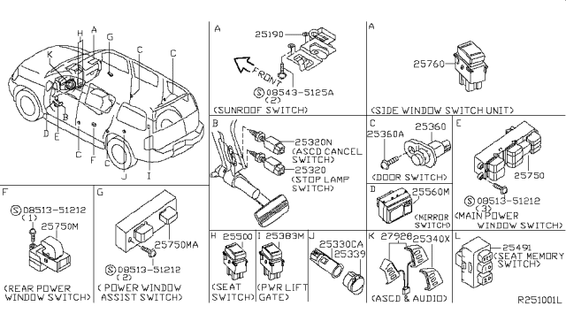 2004 Nissan Armada Switch Assembly Heat Seat Diagram for 25500-7S000