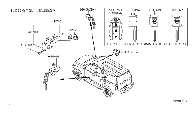 2013 Nissan Armada Key Set-Cylinder Lock Diagram for 99810-ZZ60A
