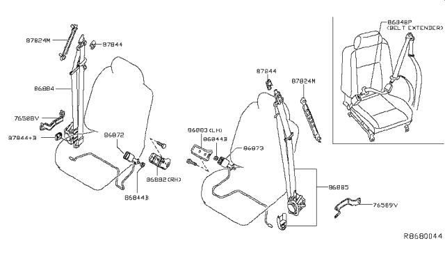 2015 Nissan Armada Pretensioner Front Right Tongue Belt Assembly Diagram for 86884-ZZ58B