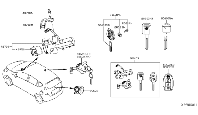 2016 Nissan Versa Note Key Set Cylinder Lock Diagram for K9810-3WC0C