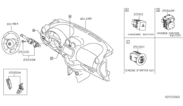 2019 Nissan Versa Note Switch Assy-Combination Diagram for 25560-1HL7A