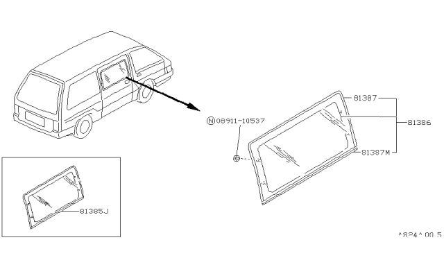 1989 Nissan Van Glass-Slide Door Diagram for 82302-17C13