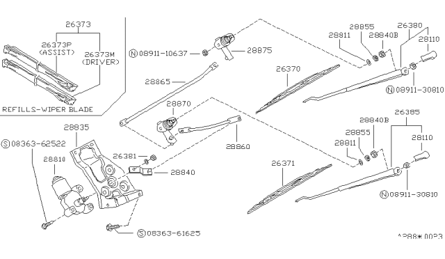1989 Nissan Van Windshield Wiper Arm Assembly Diagram for 28880-17C00