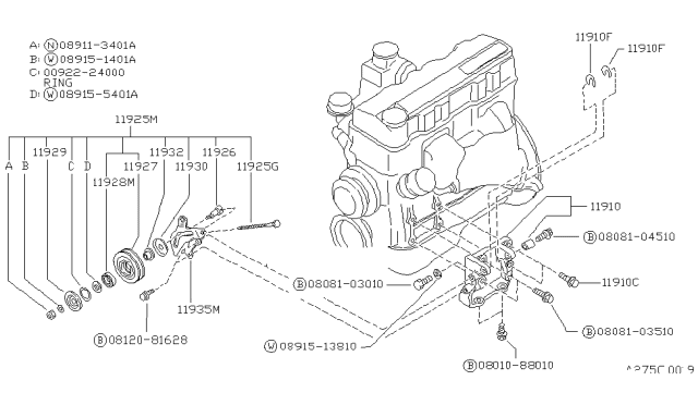 1990 Nissan Van PULLEY Assembly IDLER Compressor Diagram for 11925-85G01