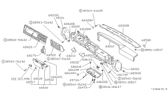 1991 Nissan Van Instrument Panel,Pad & Cluster Lid Diagram