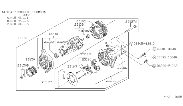1990 Nissan Pulsar NX Alternator Assembly Diagram for 23100-D4415