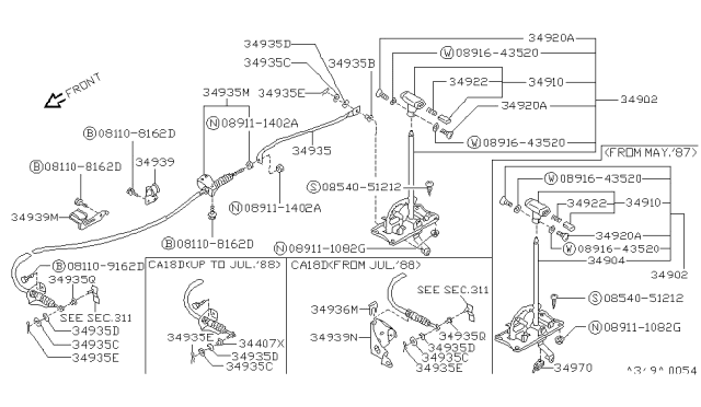 1989 Nissan Pulsar NX Control Cable Assembly Diagram for 34935-85M00
