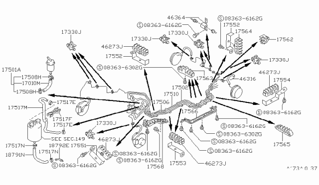 1988 Nissan Pulsar NX Hose Fuel Diagram for 17551-53A00