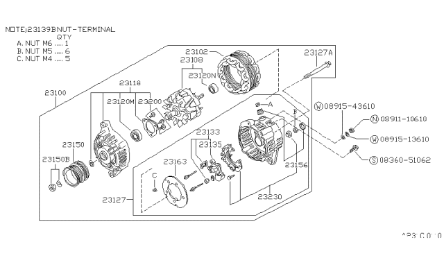 1987 Nissan Pulsar NX Alternator Assembly Diagram for 23100-53A00