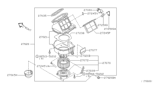 2000 Nissan Frontier Blower Motor & Fan Assembly Diagram for 27220-2M100