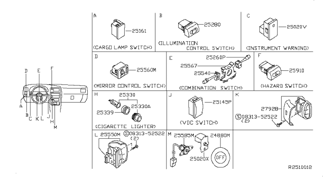 2003 Nissan Frontier Switch Assembly-Cargo Lamp Diagram for 25161-8Z300