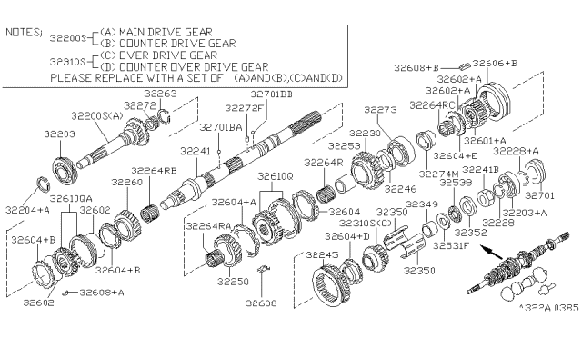 2000 Nissan Frontier Gear Set - Main & Counter Drive Diagram for 32200-70L97