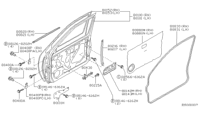 1999 Nissan Frontier Front Door Panel & Fitting Diagram 3