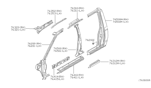 2001 Nissan Frontier Pillar-Lock,RH Diagram for 76500-9Z130
