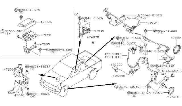 2000 Nissan Frontier Sensor Assembly-Anti SKID,Front LH Diagram for 47911-8B500