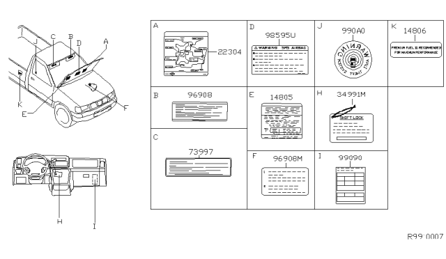 2001 Nissan Frontier Label-Caution,Sunroof Diagram for 91880-3S010