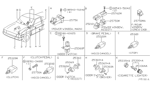2004 Nissan Frontier Switch Assy-Power Window,Main Diagram for 25401-8B800