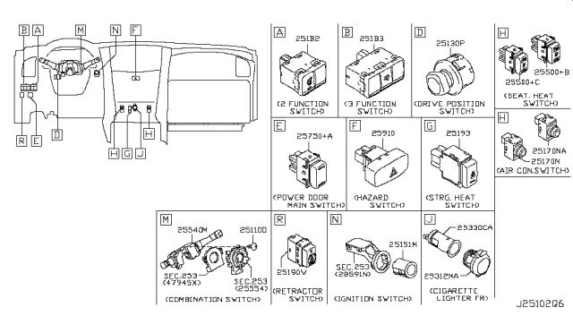 2017 Nissan Armada Switch Assy-3 Functions Diagram for 251B3-5ZP0A