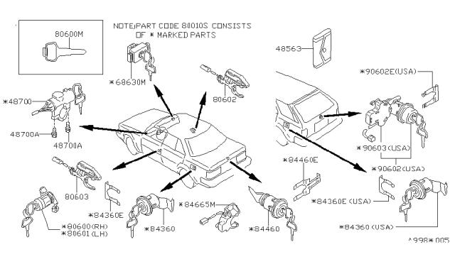1987 Nissan Maxima Switch Assembly-Door Lock RH Diagram for 80602-28E00