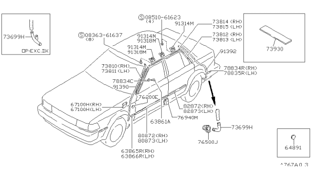 1986 Nissan Maxima Moulding-Roof Drip Rear Passenger Side Diagram for 76816-04E00