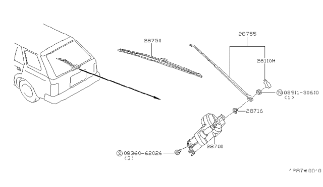 1985 Nissan Maxima Rear Windshield Wiper Blade Assembly Diagram for B6360-H2300