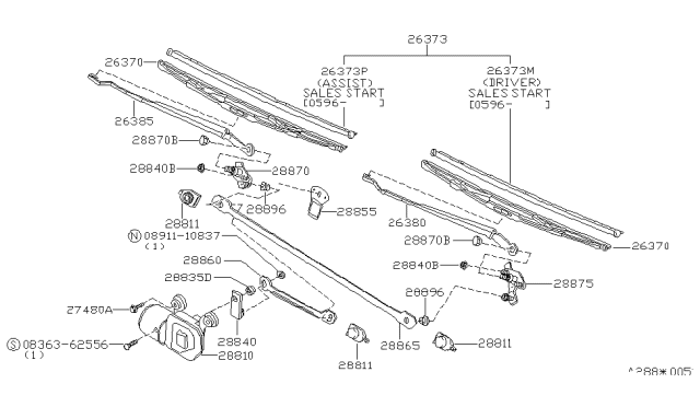 1987 Nissan Maxima Windshield Wiper Arm Assembly Diagram for 28885-16E00
