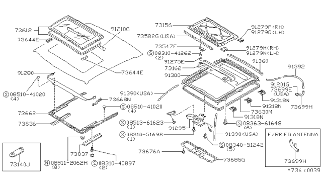 1987 Nissan Maxima Reinforce Assembly-Roof Rear Diagram for 73264-41L10