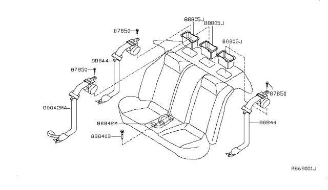 2010 Nissan Altima Rear Buckle Belt Assembly, Center Diagram for 88843-ZX38B