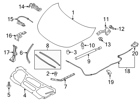 2021 Nissan Murano Stay Assy-Hood,RH Diagram for 65470-5AA1A
