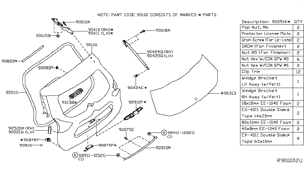 Nissan 90820-4BA0A Seal-Back Door,Upper