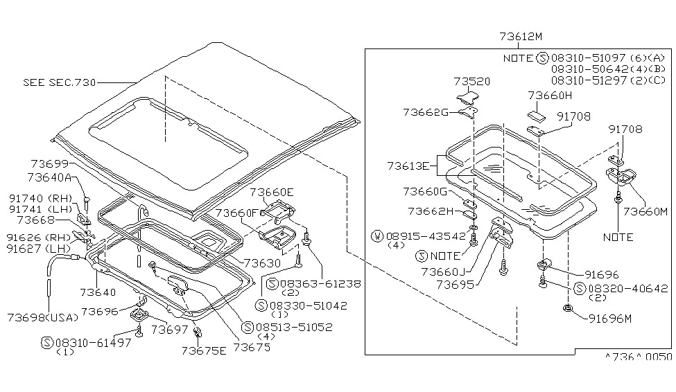 Nissan 73852-01M05 STOPPER SUNROOF RH