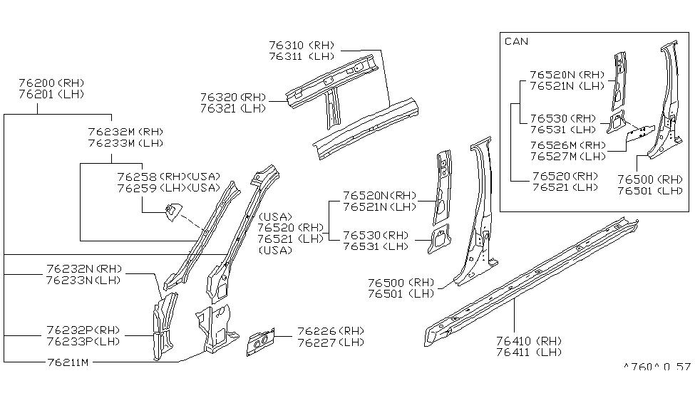 Nissan 76542-50Y35 Pillar-Center,Inner Lower RH