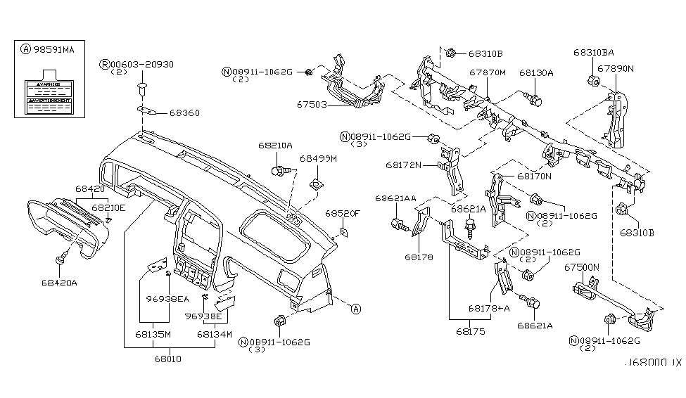 Nissan 68135-4W301 Bracket-Air Bag Instrument LH