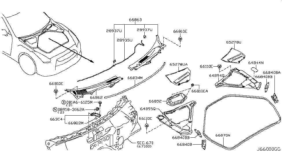 Nissan 663E0-KB51A Stay-Cowl Top