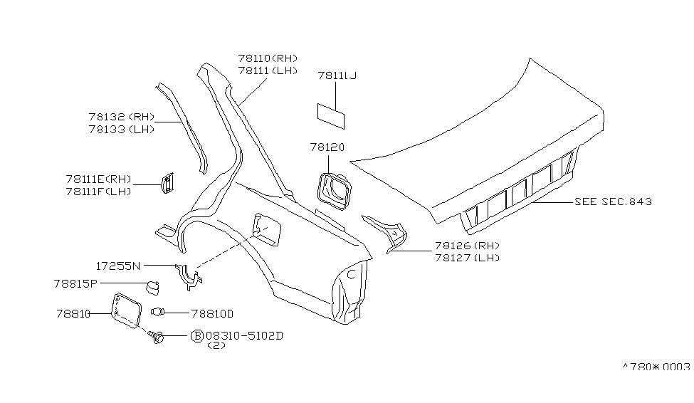 Nissan 78132-85E00 MOULDING-Roof Drip Rear RH