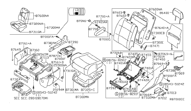 2007 Nissan Quest Knob Switch, Front Seat RECLINING R Diagram for 87013-ZF10A