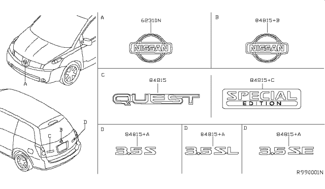 2005 Nissan Quest Radiator Grille Emblem Diagram for 65890-5Z000