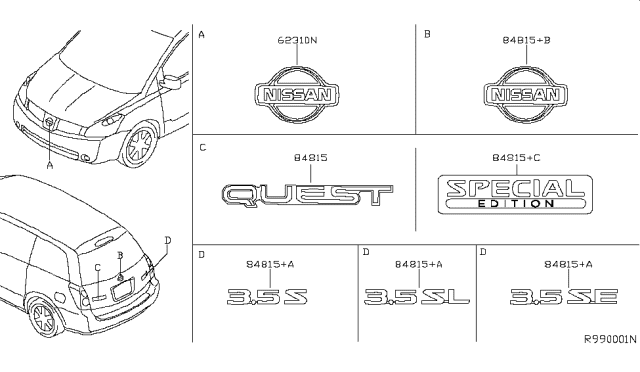 2005 Nissan Quest Rear Emblem Diagram for 90896-5Z200